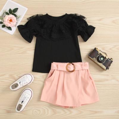 China COLORFUL Vintage Kids Clothing Set Baby Girl Lace Flower Sweater Top With Button Pink Shorts 2Pcs Costume for sale