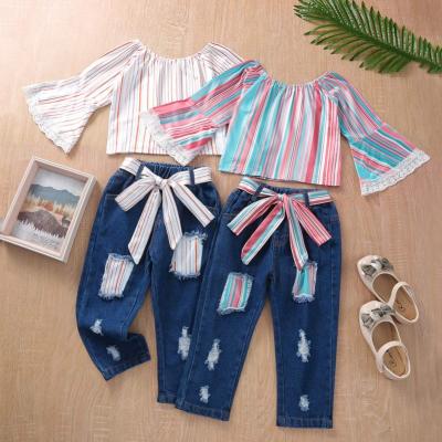 China Casual COLORFUL Stripe Rocket Sleeve Tops+Denim Ripped Pants 2PCS Outfits Girls Clothing Sets for sale