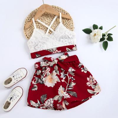 China Vintage 2021 COLORFUL Girls Lace Up Clothing Sets Kids Floral T-shirt Shorts Outfit 2Pcs Backless Shirt for sale