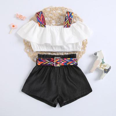 China Sweet COLORFUL Girls Clothing Sets Off Shoulder Shirt Shorts Outfits Kids Summer Clothes Set for sale