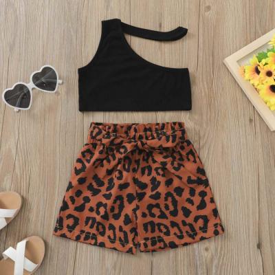 China COLORFUL Girls Casual 2 Piece Outfit Set One Shoulder Crop Tops+Leopard Shorts Kids Clothing Girl Set for sale