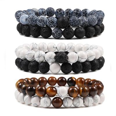 China Fashion Set Bracelet Couples Natural White Black Lava Stone Tiger Eye Beaded Yoga Bracelets For Women Men Elastic Rope Jewelry for sale