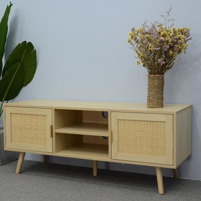 China Modern Rattan Series Living Room Furniture Rattan TV Stand Rack Cabinet With Solid Wood Legs for sale