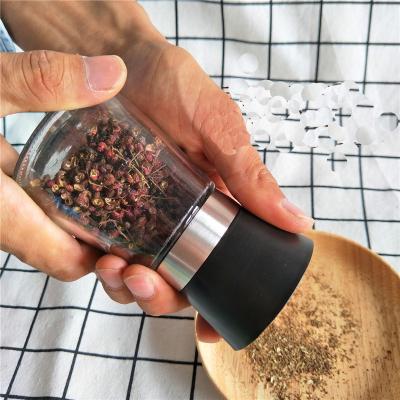 China Viable BBQ Mini Salt and Pepper Grinder Set Adjustable 2 in 1 Spice Grinder Set with 30ml Glass Plastic Base Bottle for sale