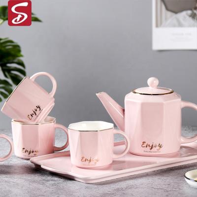 China Custom Ceramic Shardon Logo Teapot Porcelain Coffee Sevring White Color Glazed Ceramic Teapot Agriculture Set Of 4 for sale