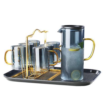 China Sustainable Luxury Gold Borosilicate Shardon Handle Drinking Tea Juice Water Glass Jug Set With Tray for sale