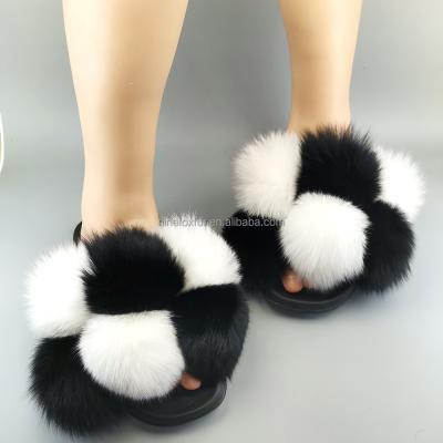 China Fashion Trend Real Pom Fur Slides Real Fox Fur Ball Custom Pom Pom Slides For Ladies Slippers for sale