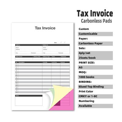 China paper & Cheap Quadruple Duplicate NCR/Carbonless A5 Paperboard Prices OEM/ODM Commercial Tax Invoice Pads Customizable Book Printing for sale