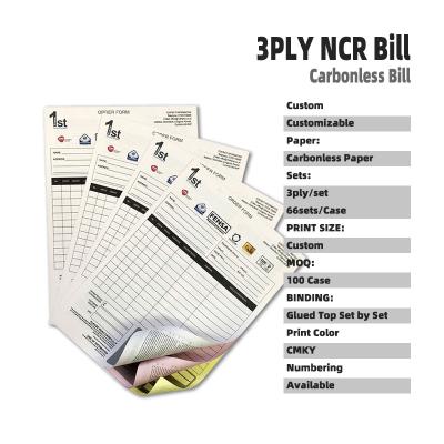 China Low MOQ Half Wholesale Price Size 3ply 55Gsm Custom NCR Self Carbonisin Sets Carbonless Paper Bill Sheets Set By A4 Set for sale