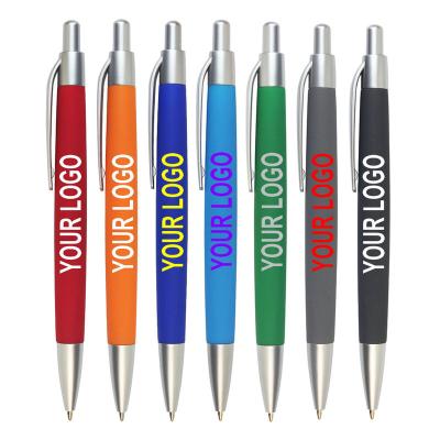 China Custom Logo Printed Single Ballpoint Pens Cheap Soft Frosted Rubber Nonprofit Budget Paint Barrel Hotel Ballpoint Pen With Hotel Logo for sale