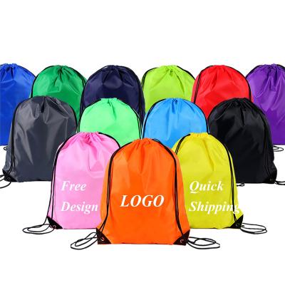 China Black Logo Sports Bags 210D Nylon Polyester Custom Drawstring Backpack Christmas Drawstring Gym Promotion Travel Sports Bags Suction for sale