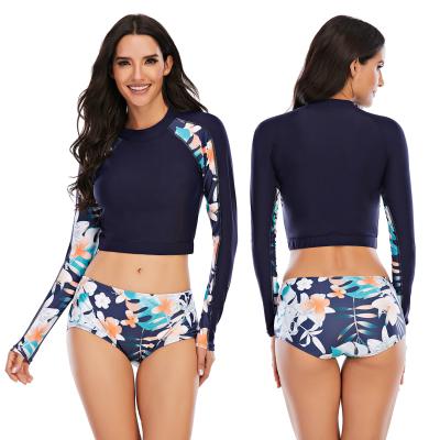 China Navy Blue Windproof Floral Printed Long Sleeve Tan Swimsuit for sale