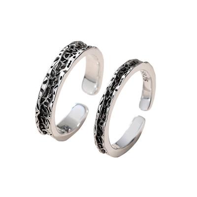 China Punk Irregular Silver Sterling Black Promise Men Couple Jewelry 3D Effect Texture Women's Fine 925 Ring For Lovers for sale