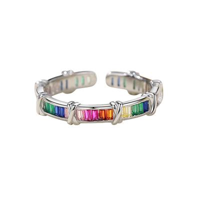 China Trendy Mother's Day Gift Jewelry Vintage Baguette Multicolor Zircon 925 Sterling Silver Fashion Rainbow Rings for sale