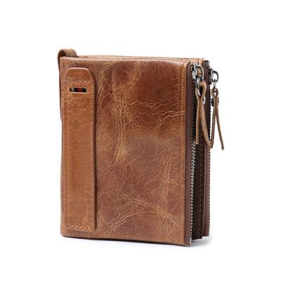 China Men Bifold Waterproof Slim Wallet Zipper Leather Oil Pocket Leather Front Wallet for sale