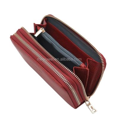 China New Fashion Lychee Women's Leather Wallet Travel Double Zipper Cowhide Genuine Leather Waterproof Wallet With Credit Card Holder for sale