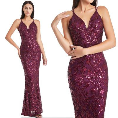 China New Arrival Women's V-Neckline Evening Dresses Sequin Dress 2021 Anti-Wrinkle Long Sleeveless Elegant Cocktail Party Dress for sale