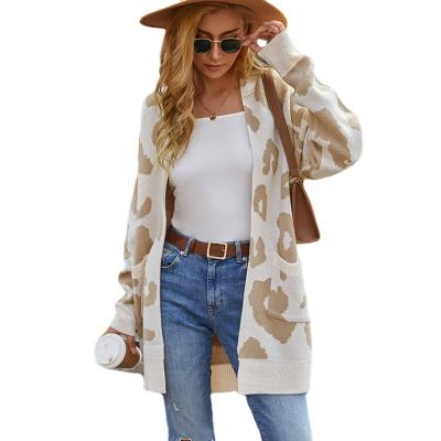 China Anti-wrinkle Women's Long Sleeves Open Front Leopard Print Knitted Sweater Cardigan Coat Outwear With Pockets for sale