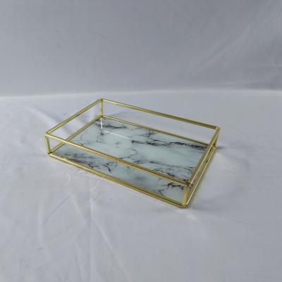 China Europe Hotel room gold plated golden metal white marble sticker gift wedding luxury jewelry storage home decoration serving tray for sale