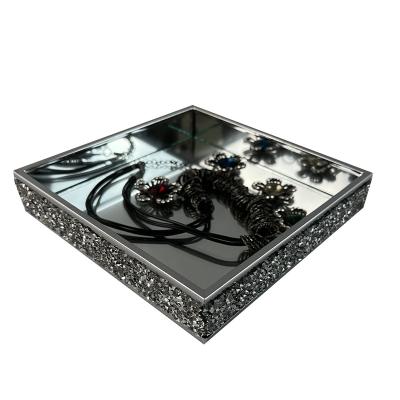 China Europe Rectangle Silvery Mirror Tray Serving Metal and Mirror Silvery Metal Tray Decorative with little Diamond for sale