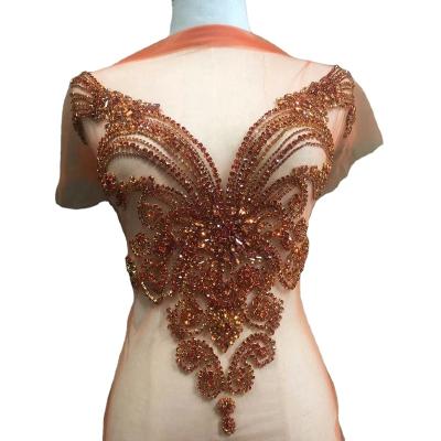 China Flatback Round Neck Hot Diamond Applique Hand Stitched Mesh Flower Piece Beaded Sequins Decorative Apparel Wedding Dress Accessories for sale