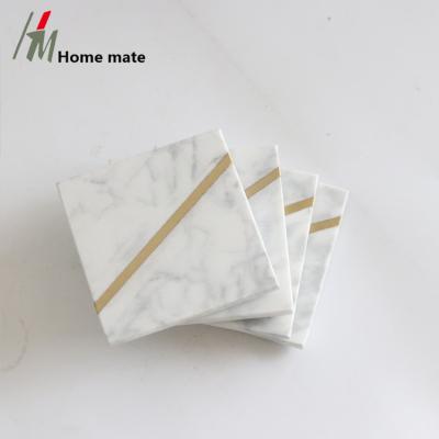 China Sustainable Factory Calala Square Natural White Marble Coaster Set Of 4 With Brass for sale