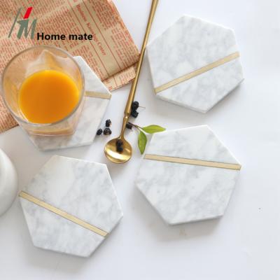 China Customized Eco - Friendly Natural White Hexagon Marble Mug Coaster Sustainable With Brass Band for sale