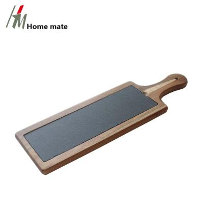 China Sustainable Art And Craft Dinner Supplies Black Rectangle Slate And Wooden Cheese Dish With Handle for sale