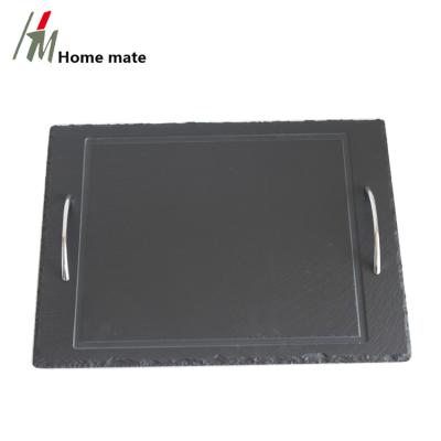 China Home Decoration Sustainable Stocked Natural Black Slate Cheese Board With Handles And Groove for sale