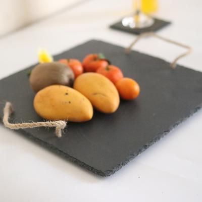 China Eco-Friendly Black Square Slate Stone Dinner Plates Serving Hemp Rope Eco-Friendly With Hanging Tags for sale