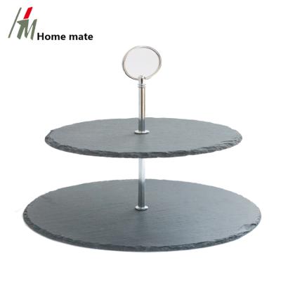 China Sustainable New Fashion Decoration Round Black Natural Slate 2 Tier Cake Stand for sale