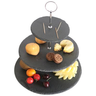 China Sustainable Homemate Supply 3 Tier Slate Stone Round Shaped Cup Cake Rack For Tableware for sale