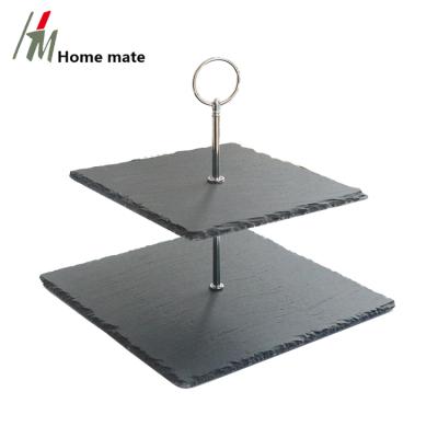 China Sustainable Natural Black Square Slate Cake Stand 2 Layer Wedding Cake Stand for sale