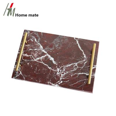 China Home.Restaurant.Bar.Hotel.Wedding Customized Natural Red Marble Rectangle Cheese Cup Serving Board with Gold Handle for sale