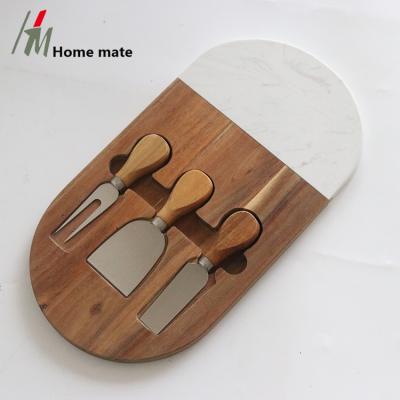 China Sustainable Wholesale Acacia Wood Splicing Natural Marble Blank Cheese Board And Knife Set for sale