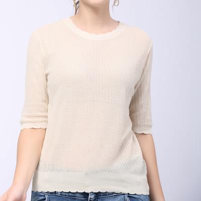 China 2021 Summer Anti-Wrinkle RTS Round Neck News Mid-Sleeve Vintage Tencel Canvas Twist Round T-shirt Women Knit Thin Breathable Top for sale