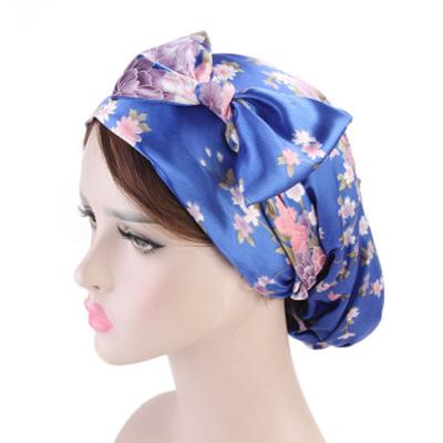 China Mom and Daughter Hair Claw Clip Vendor Satin Long Tube Elegant Multicolor Printing Bow Breathable Sleeping Hair Hood for sale