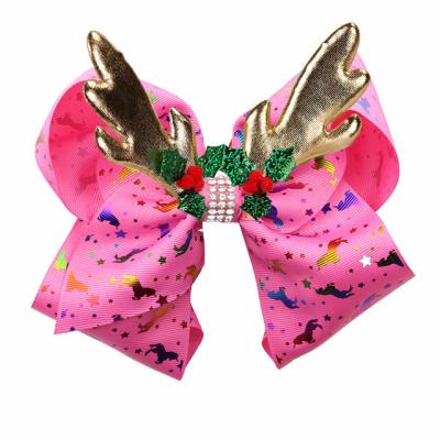 China Fashion Factory Wholesale Girls Christmas Hair Accessories Christmas Antlers Leaves Hair Bow Hedge Clip for sale