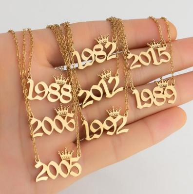 China Hiphop 1980-2019 Birthday Gift Stainless Steel Crown Birth Year Numbers Pendant Necklace for sale