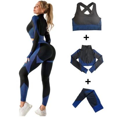 China 3 Piece Active Wear Women's Seamless Yoga Suit Breathable Clothes Gym Long Sleeve Yoga Workout Sets Yoga Set Women for sale