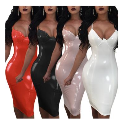 China SAK8418 Durable PU Leather Deep V Neck Sexy Women Bodycon Trimming Club Midi Dress for sale