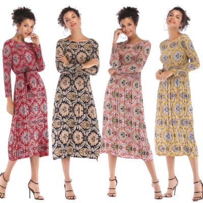 China SA5911 New Designs Anti-wrinkle Long Sleeve Pleated Digital African Vintage Totem Print Dress for sale