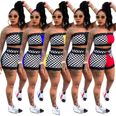 China Sexy Club Suit Hot Pants Plaid SALM982 Patchwork Fashionable Tube Print Viable Top Sexy Women Clothing 2 Piece Set for sale