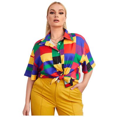 China Hot Sales Breathable Spring Summer Plaid Print Short Sleeve Shirt 5xl Loose Tops Plus Size Blouses For Woman for sale