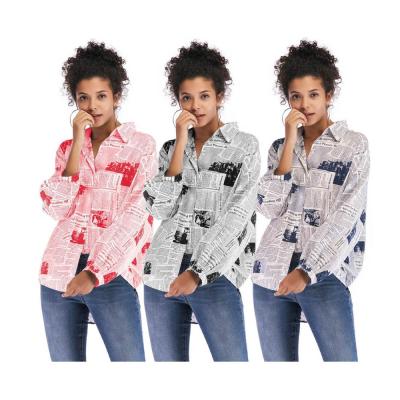 China SA5889 Sustainable Newspaper Printing Loose Women Long Sleeve Blouse Fashionable Top for sale