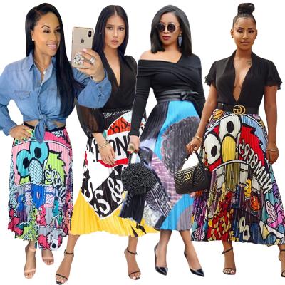 China Fashionable Wholesale Fashionable Printing High Waist Cartoon Summer Long Pleated Maxi Skirt For Women for sale