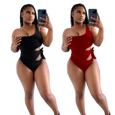 China 2021 Summer Plus Size SAD8856 Solid Color One Shoulder Cavity Designs Sexy Female One Piece Swimsuit for sale