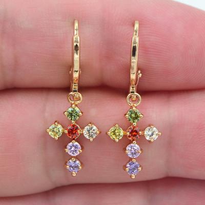 China TRENDY 18K Gold Plated Multicolor CZ Cubic Zircon Cross Women Dangle Earrings Jewelry for sale