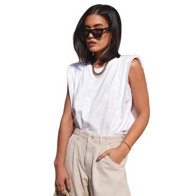 China Anti-Wrinkle Women's T-shirt T-shirt Female Casual Ladies Top Tees Shoulder Padded Korean Sleeveless Solid Cotton O-Neck Trade Assurance 50pcs for sale