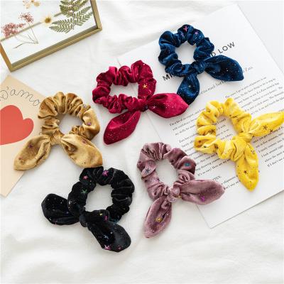 China 2021 Wholesale Elastic Ponytail Holder Velvet Hair Band Soft Gold Foil Printing Colorful Scrunchies For Girls for sale